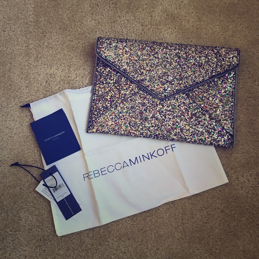 Rebecca Minkoff NWT SilverMulti Glitter Leo Clutch